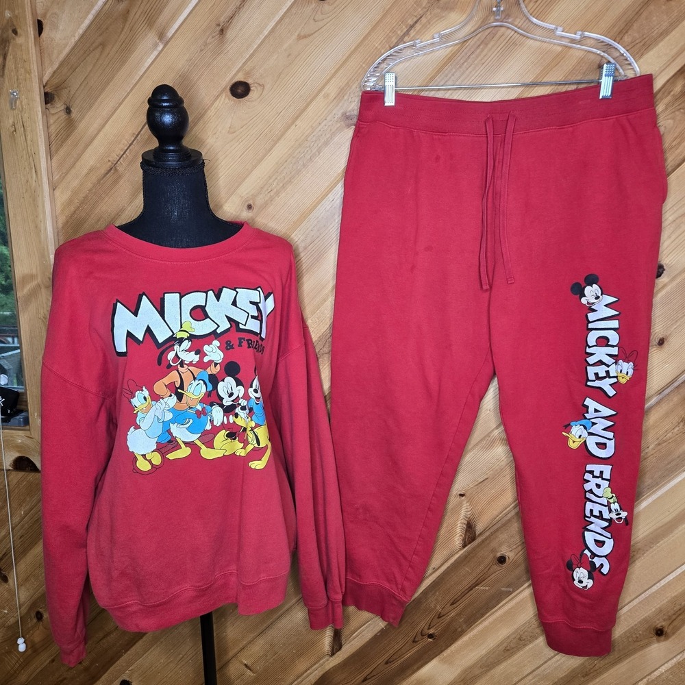 Mickey Mouse & Friends Womens XL Red Track Suit Crewneck Pants Graphic